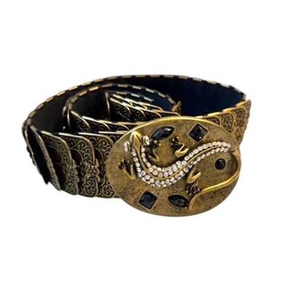 Ornate Gold-Tone Lizard Buckle Filigree Stretch Belt Rhinestone Y2K main image 6